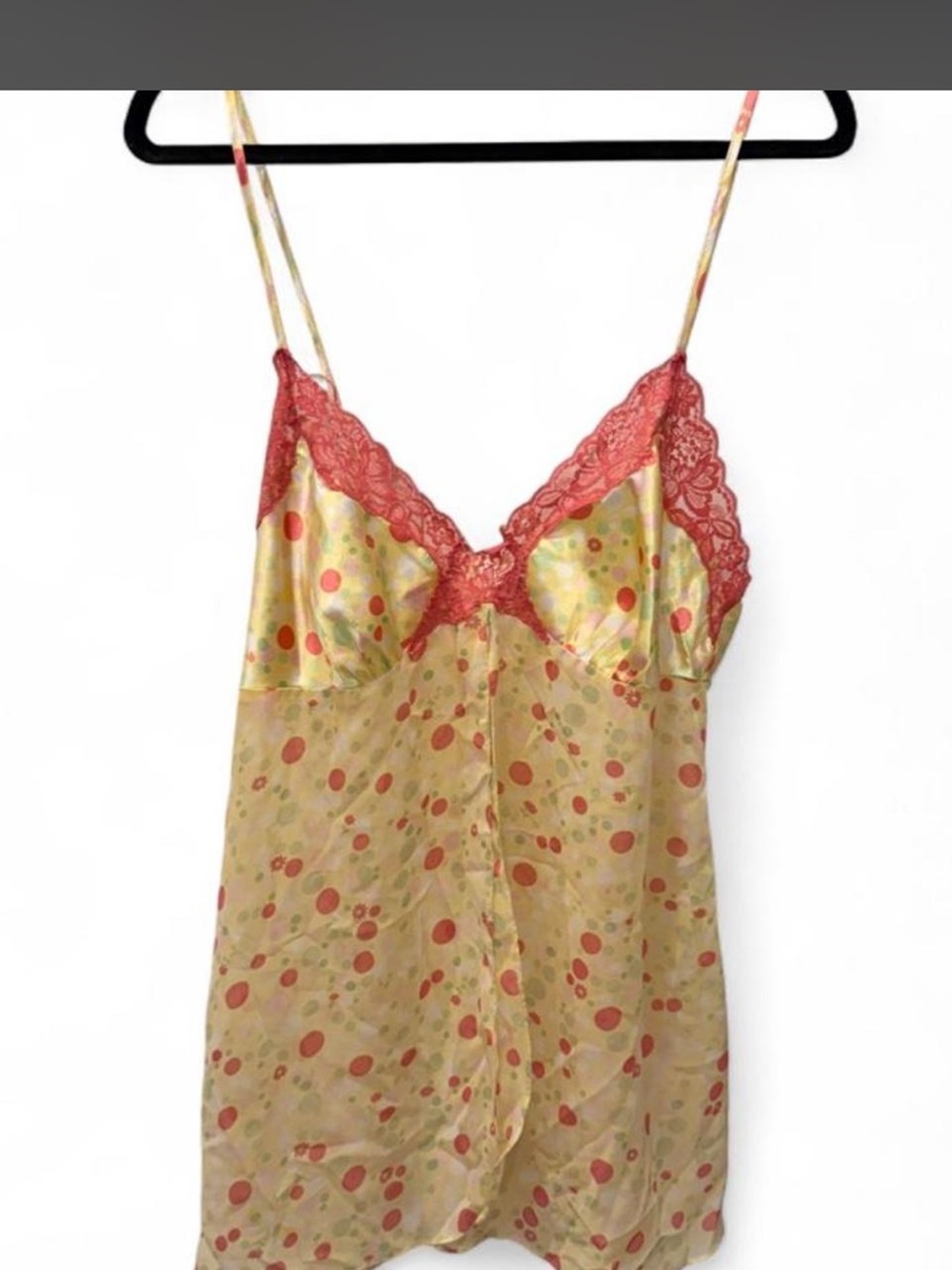 Secret Treasures Yellow Satin Chemise with Coral Lace and Polka Dots